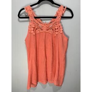 Crochet Lace Coral Sleeveless Top With Boho Design & Textured Fabric